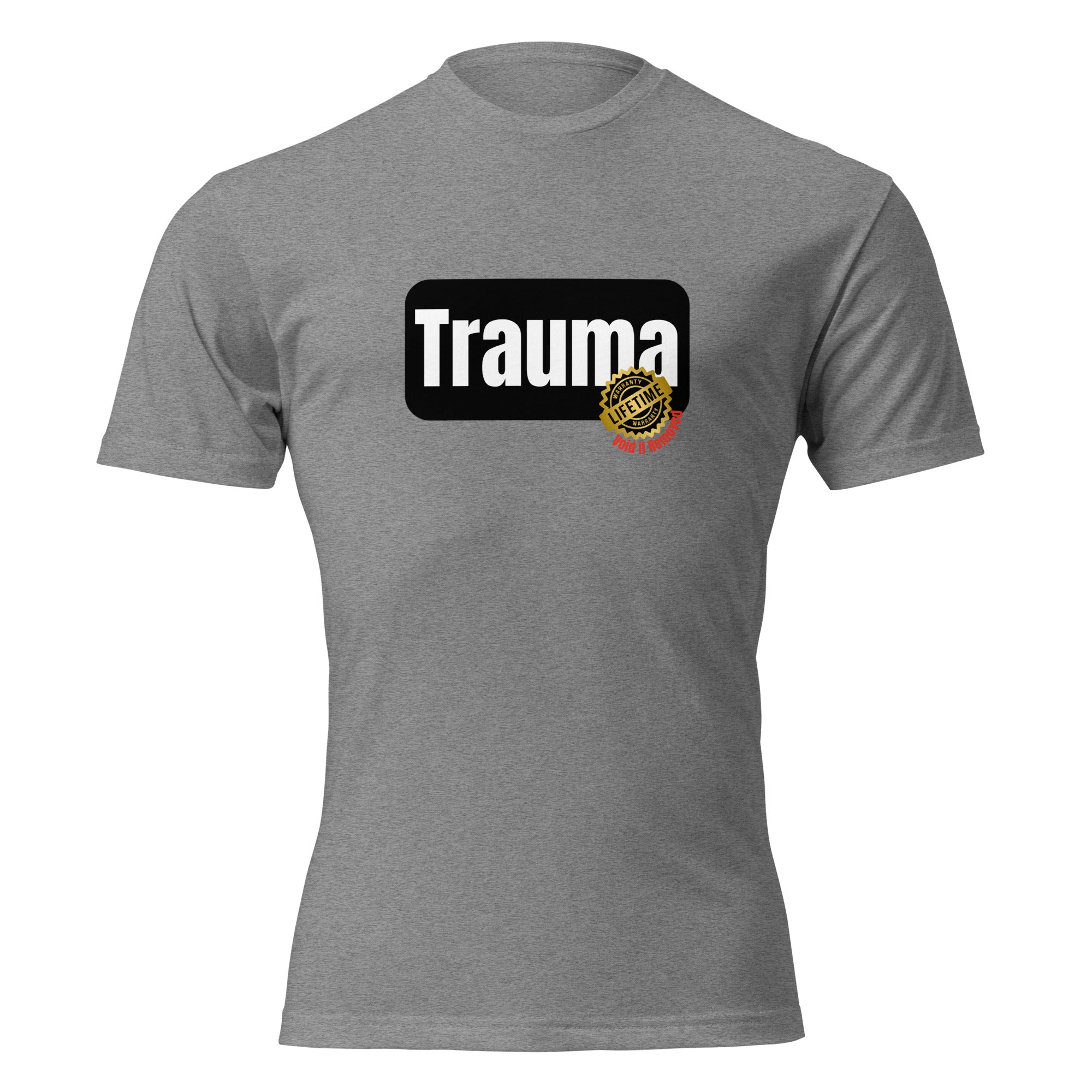 "Trauma Lifetime Warranty" graphic tee in Dark Heather Gray, front view — Tactical Pause Apparel
