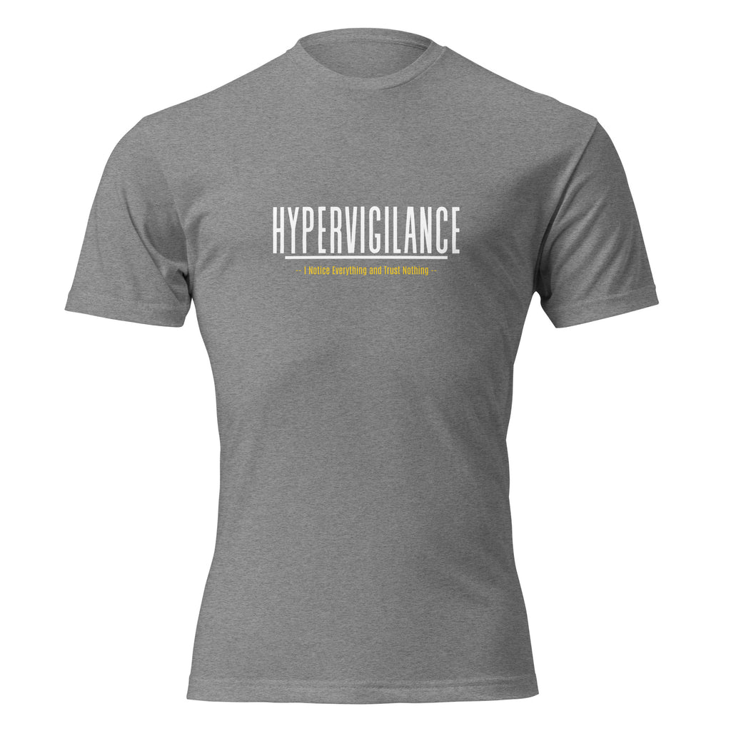 "Hypervigilance: Notice Everything & Trust Nothing" graphic tee in Dark Heather Gray, front view — Tactical Pause Apparel