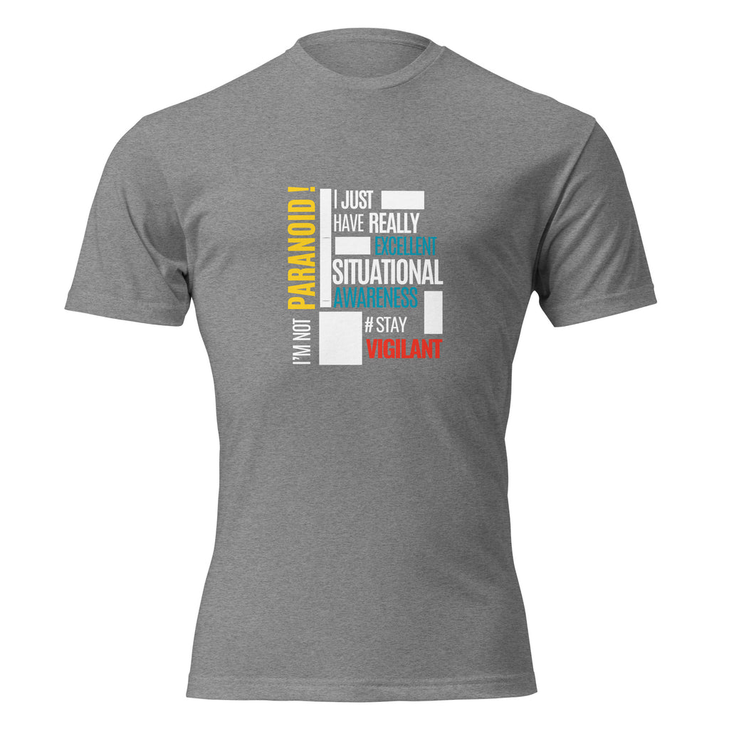 "I'm Not Paranoid" graphic tee in Dark Heather Gray, front view — Tactical Pause Apparel