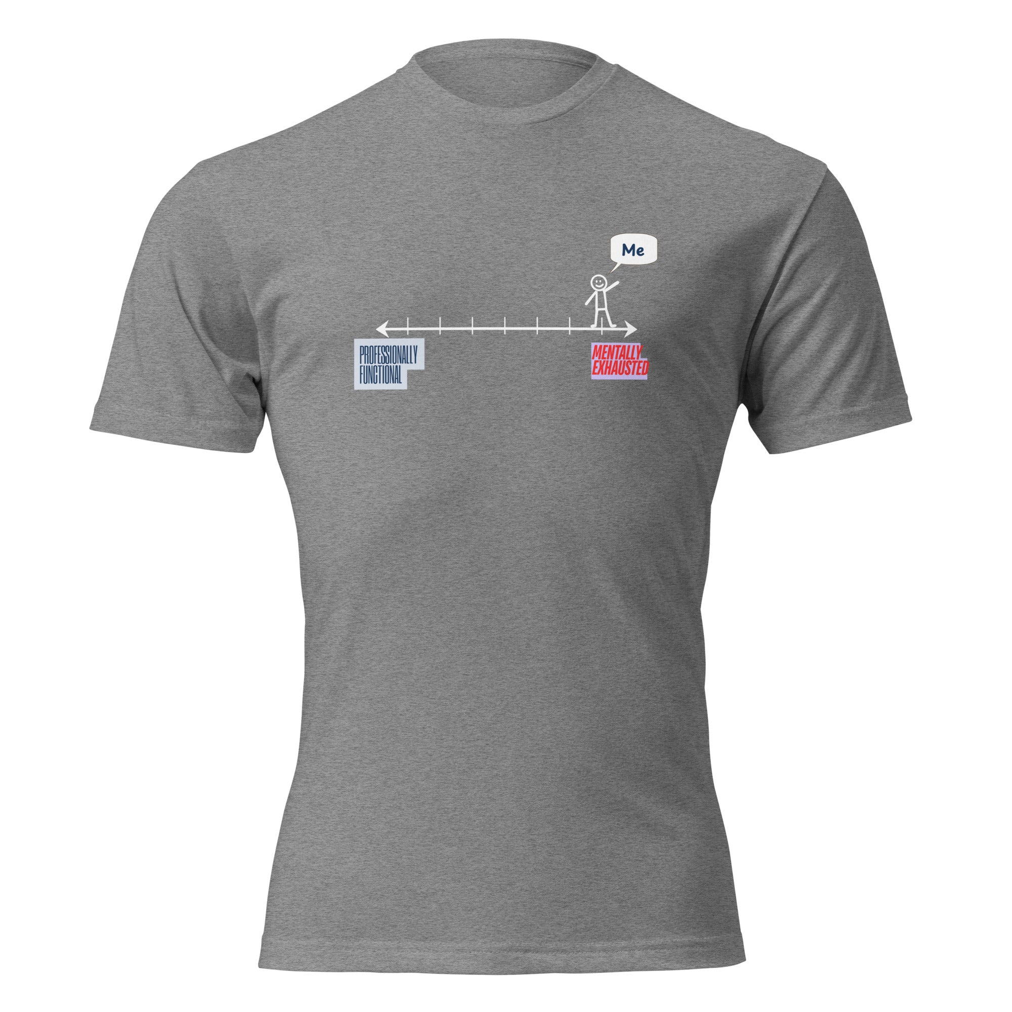 "Professionally Functional Mentally Exhausted" graphic tee in Dark Heather Gray, front view — Tactical Pause Apparel