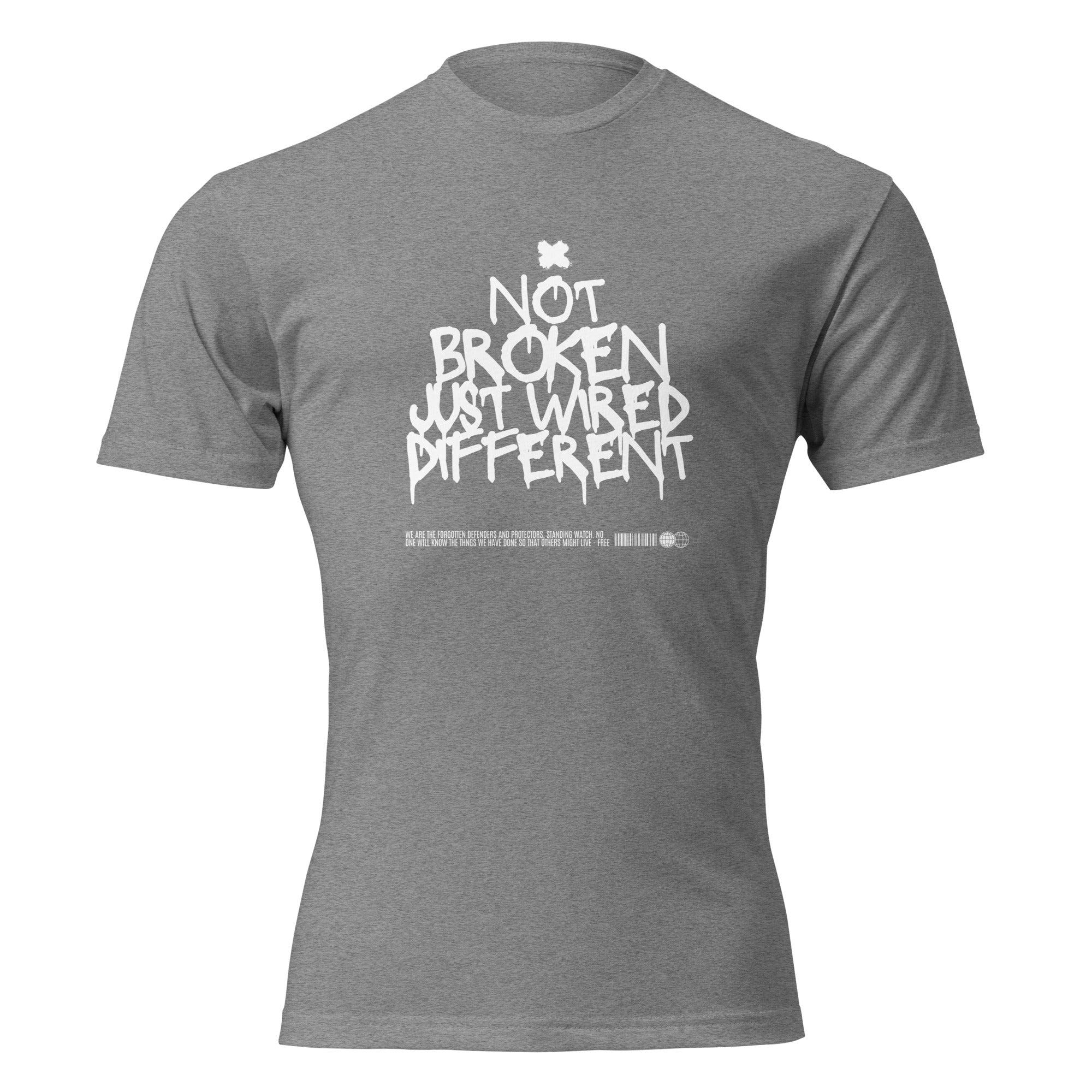 "Not Broken, Just Wired Different" graphic tee in Dark Heather Gray, front view — Tactical Pause Apparel