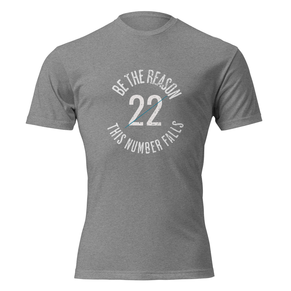 unisex CVC tee with circular graphic reading "Be The Reason — 22 — This Number Falls" — veteran mental health awareness shirt by Tactical Pause