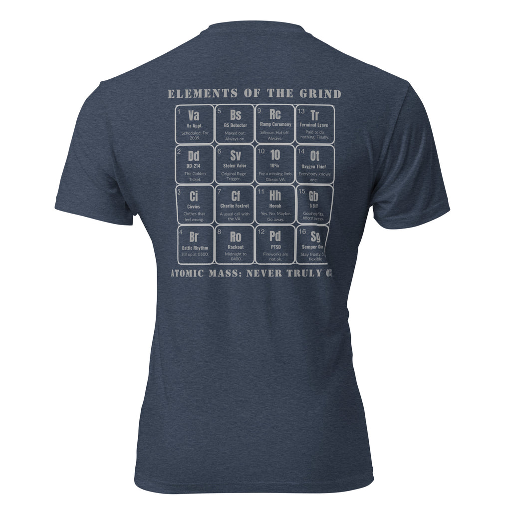 Navy blue t-shirt with periodic table design on the back veteran edition, displayed against a white background. Tactical Pause Apparel.