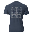 Navy blue t-shirt with periodic table design on the back veteran edition, displayed against a white background. Tactical Pause Apparel.
