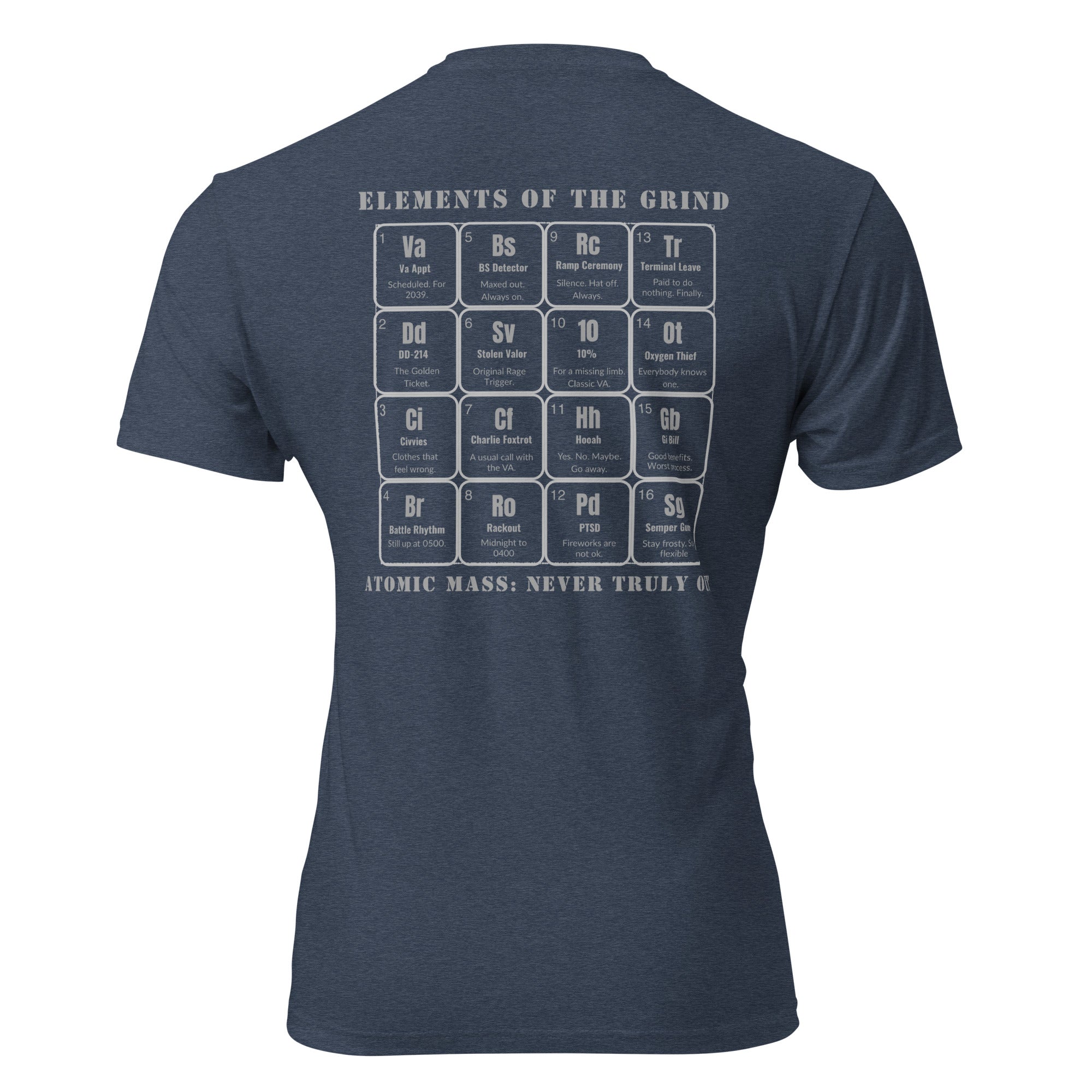 Navy blue t-shirt with periodic table design on the back veteran edition, displayed against a white background. Tactical Pause Apparel.