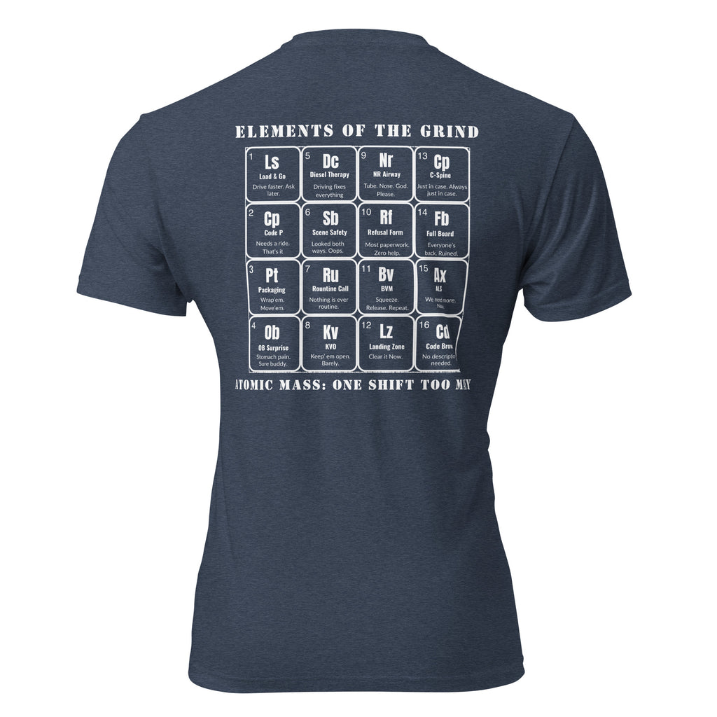 Navy blue shirt with periodic elements of the grind on the back EMT/EMS edition. Tactical Pause Apparel