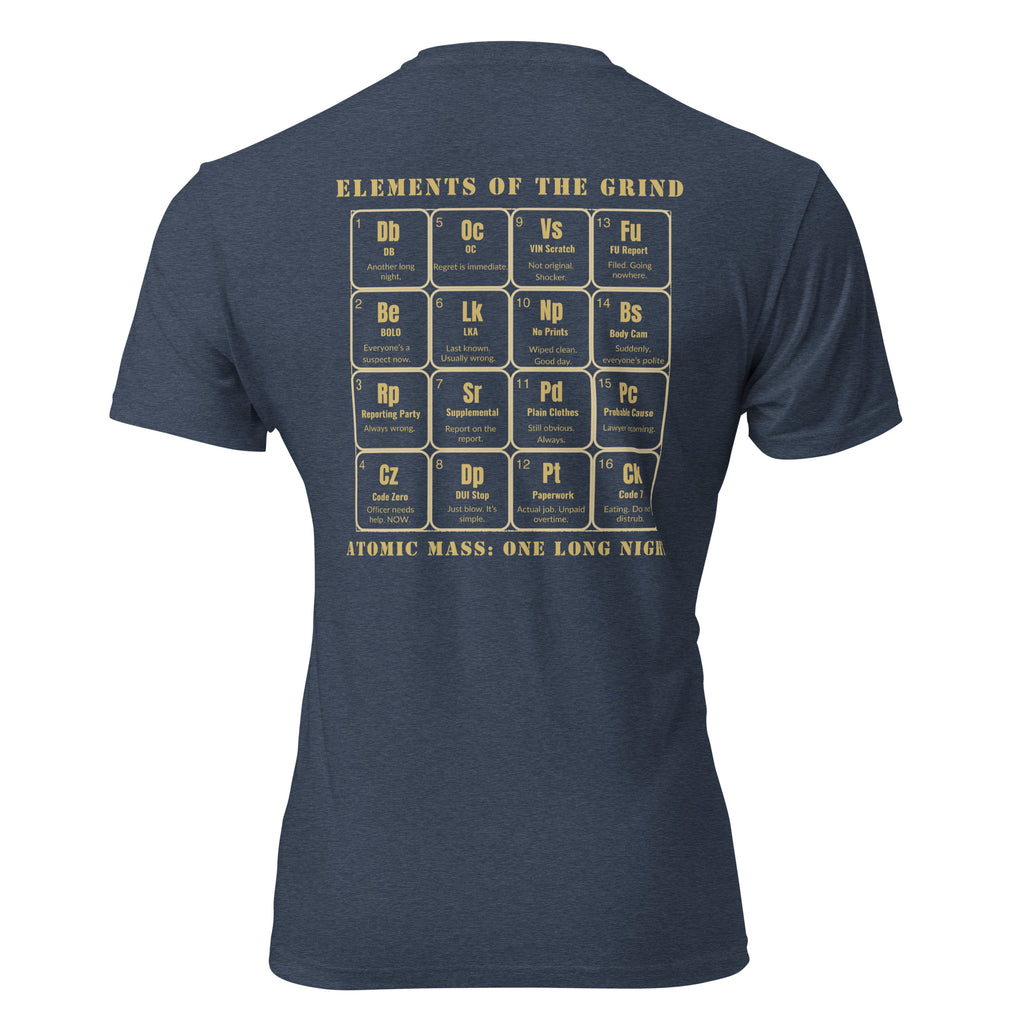 Navy blue shirt with periodic elements of the grind on the back LEO edition. Tactical Pause Apparel