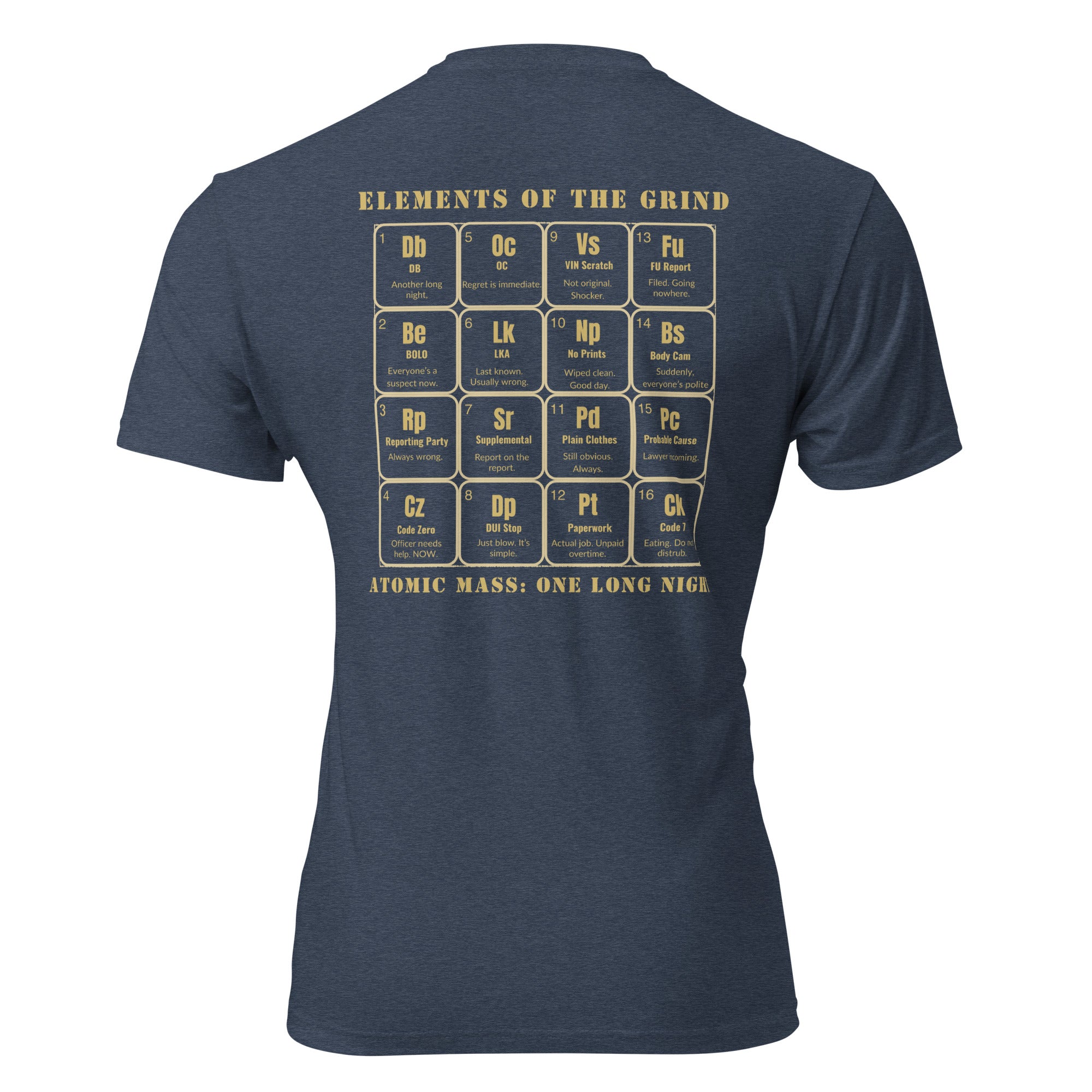 Navy blue shirt with periodic elements of the grind on the back LEO edition. Tactical Pause Apparel