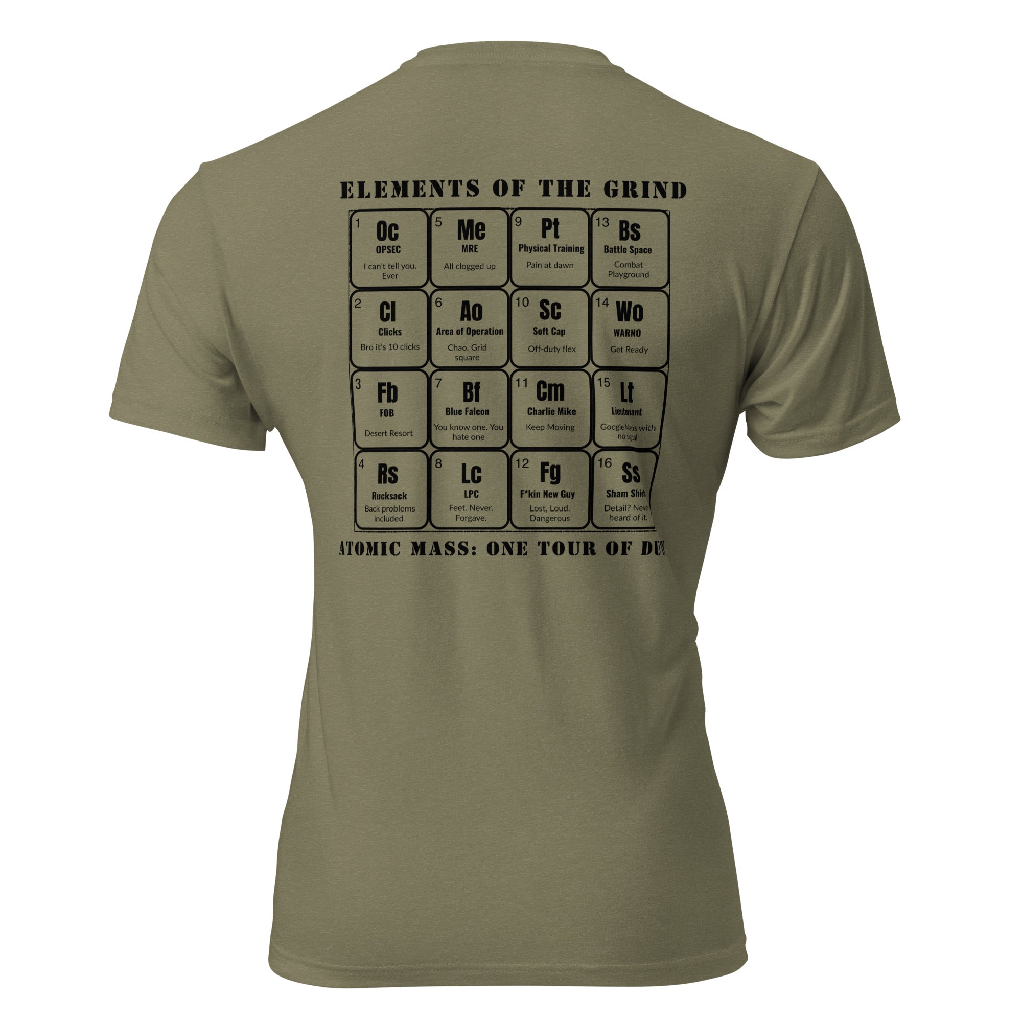 Military green shirt with periodic elements of the grind on the back military edition. Tactical Pause Apparel