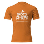"Not Broken, Just Wired Different" graphic tee in Orange, front view — Tactical Pause Apparel