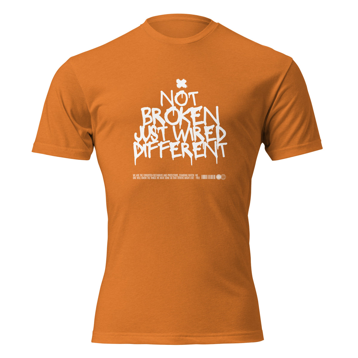 "Not Broken, Just Wired Different" graphic tee in Orange, front view — Tactical Pause Apparel