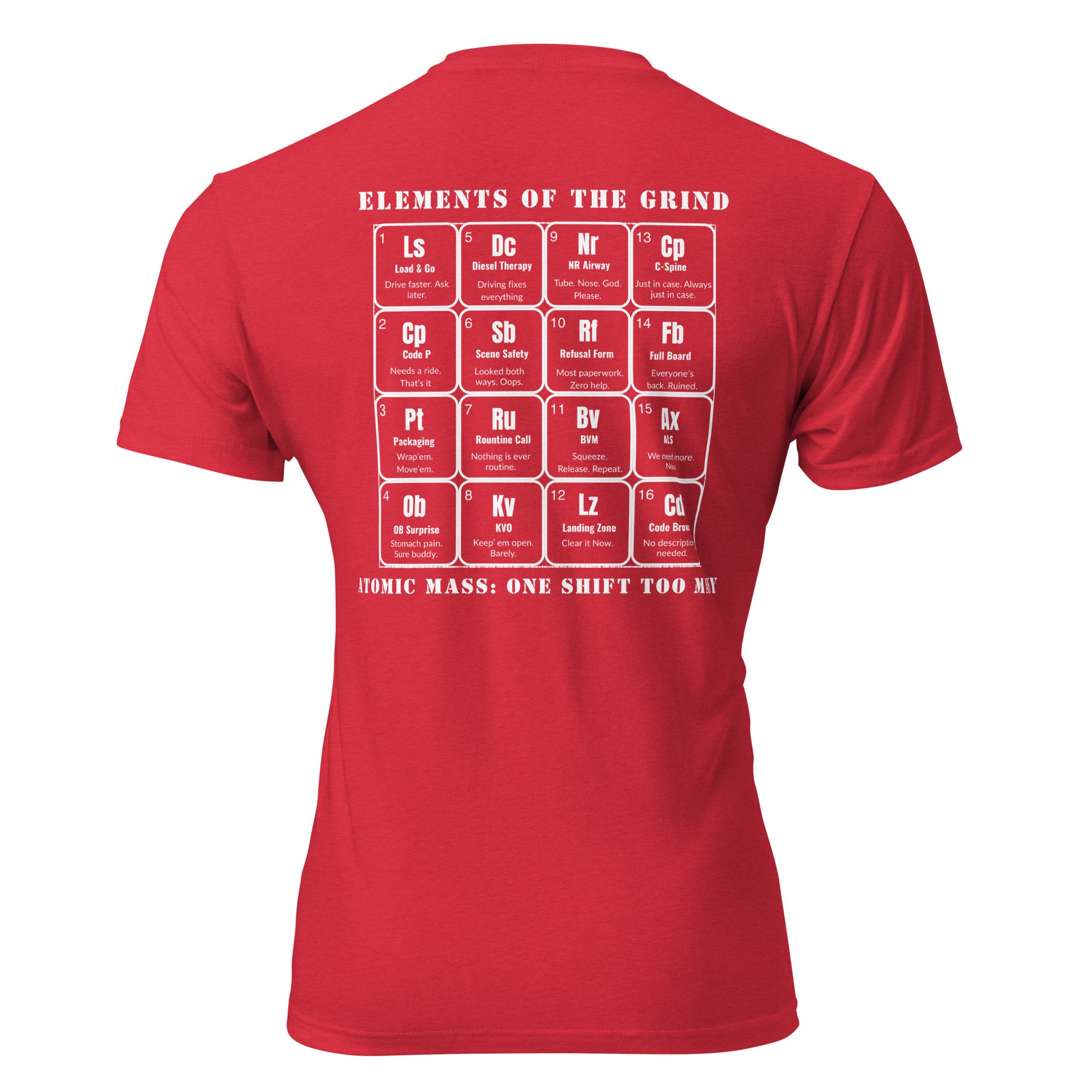 "The Grind | EMS Edition" graphic tee in Red, back view — Tactical Pause Apparel