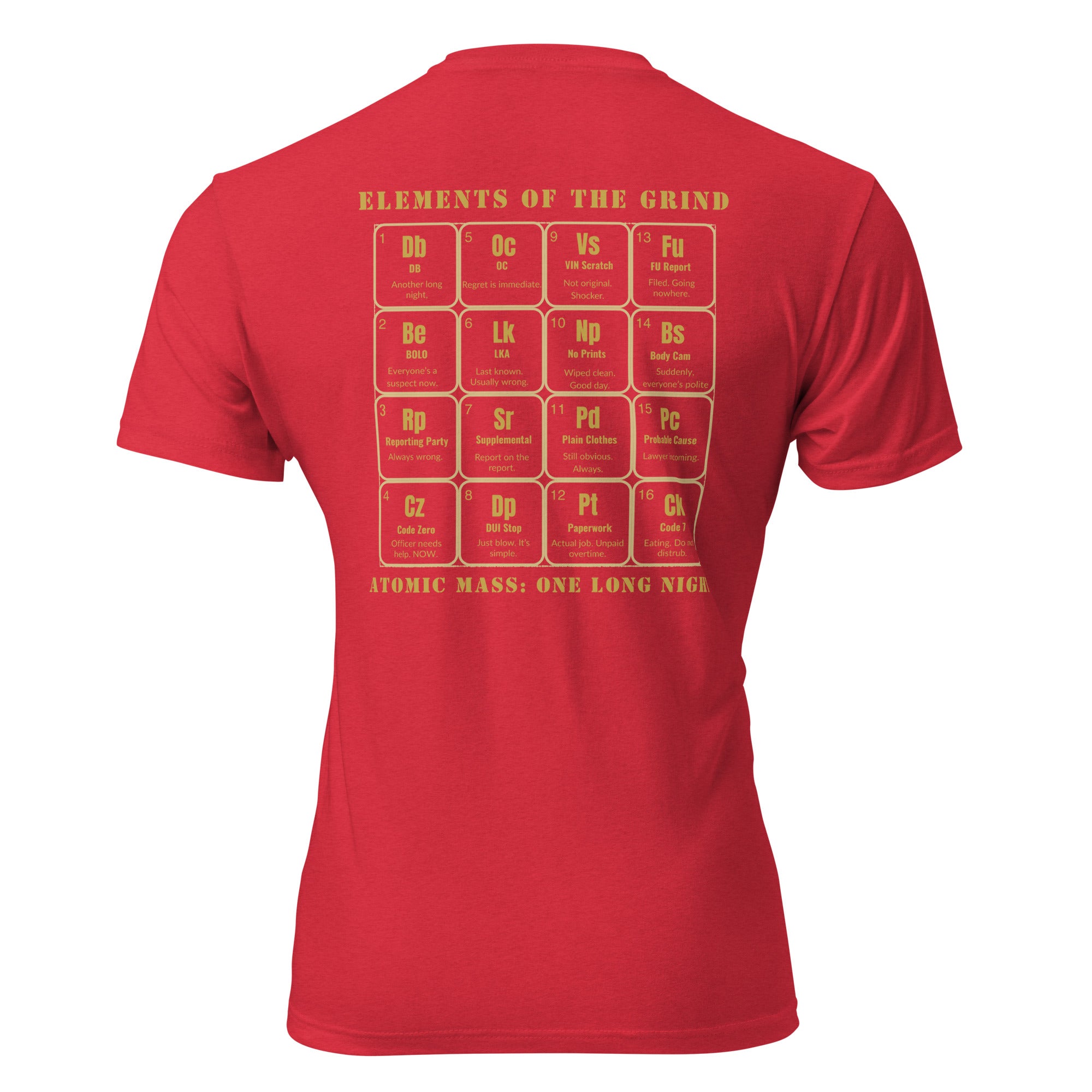 "The Grind | LEO Edition" graphic tee in Red, back view — Tactical Pause Apparel