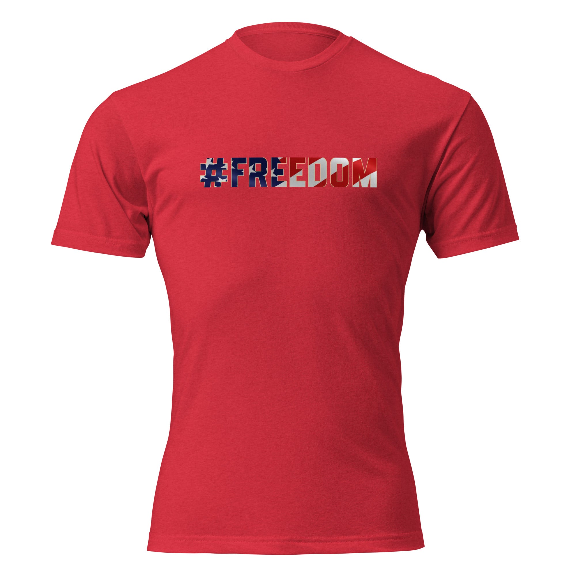 #FREEDOM graphic t-shirt front with American flag lettering on heather gray unisex CVC tee by Tactical Pause