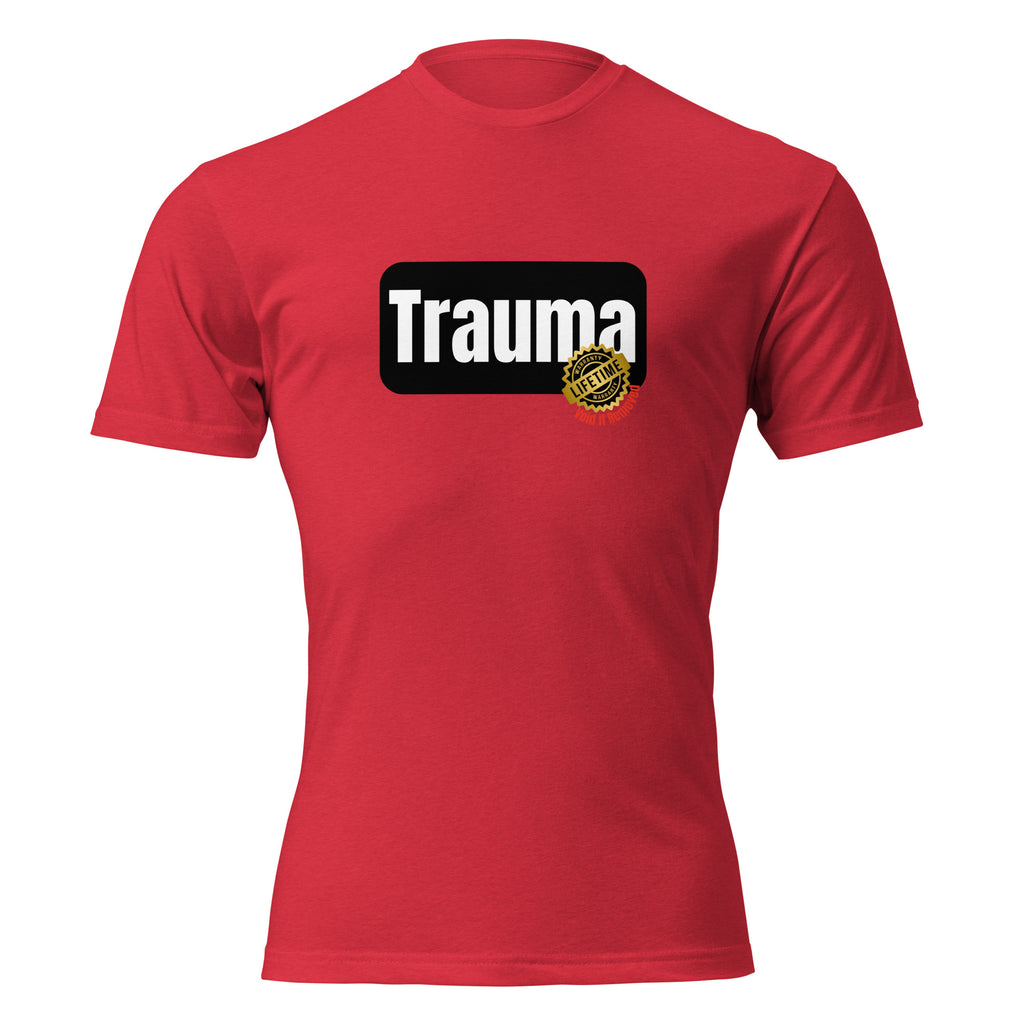 "Trauma Lifetime Warranty" graphic tee in Red, front view — Tactical Pause Apparel