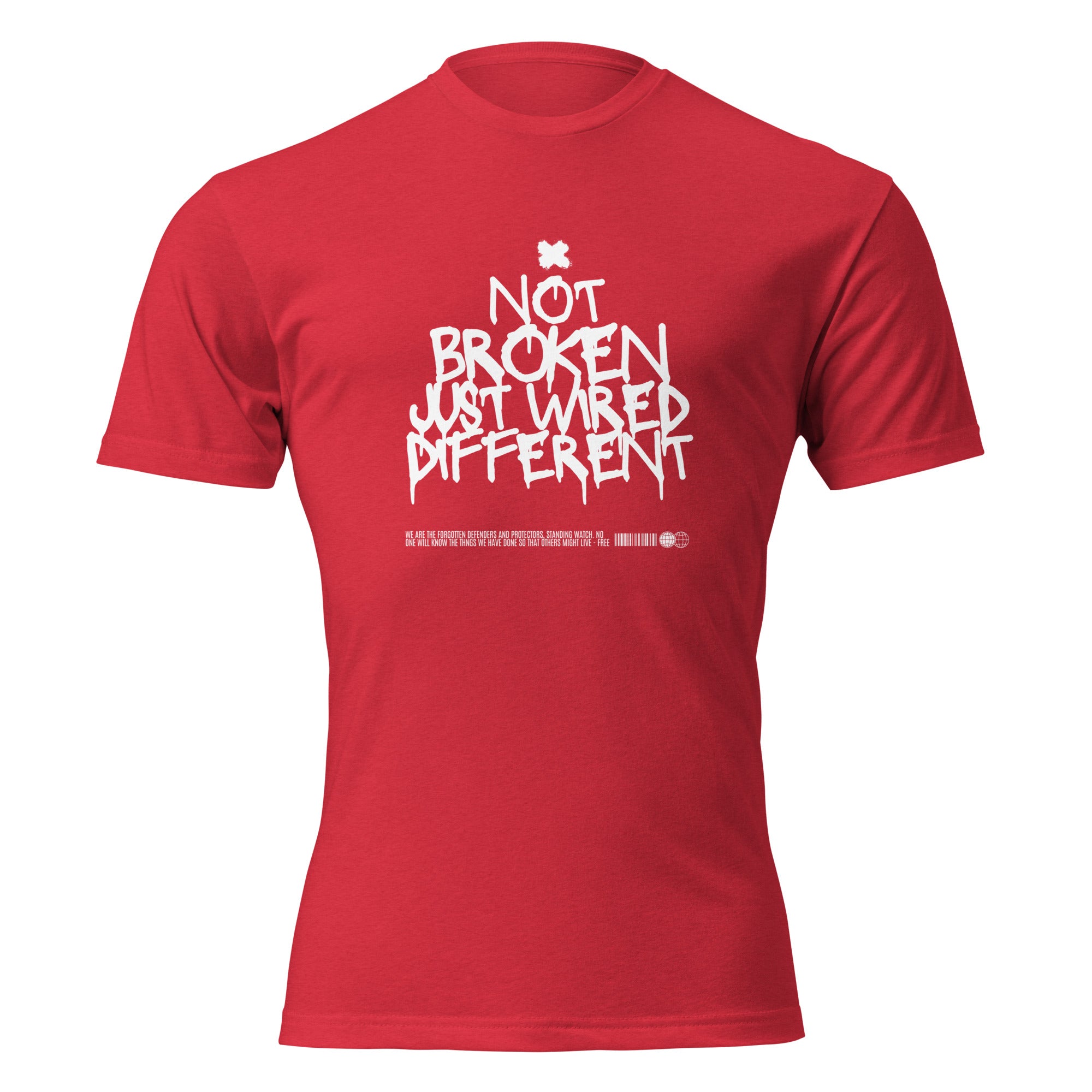 "Not Broken, Just Wired Different" graphic tee in Red, front view — Tactical Pause Apparel