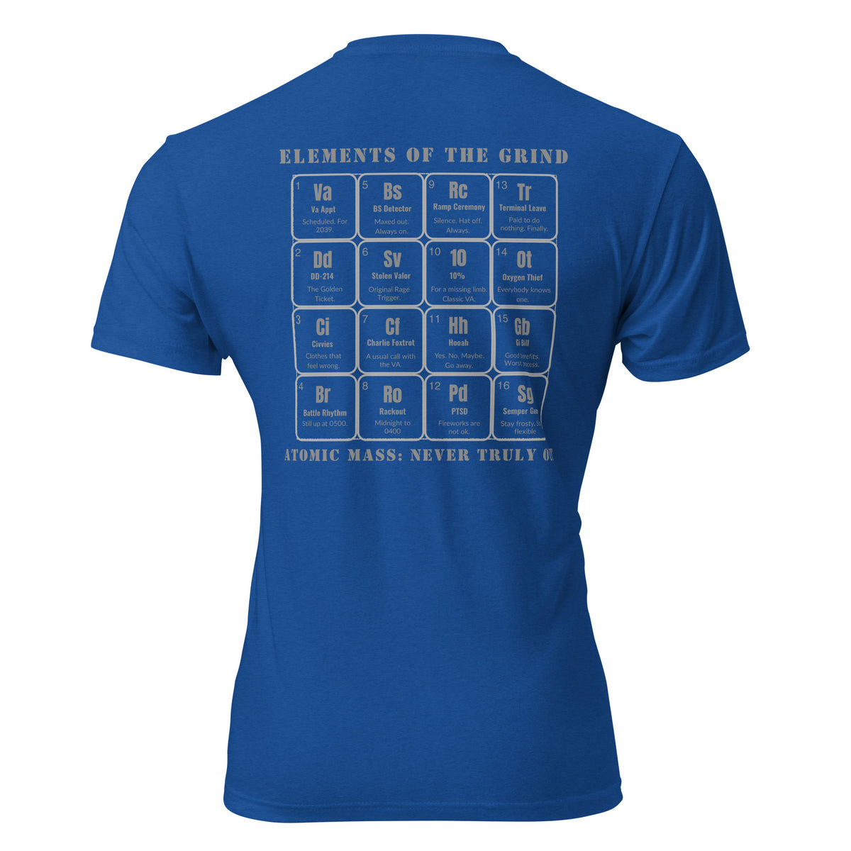 "The Grind | Vet Edition" graphic tee in Royal Blue, back view — Tactical Pause Apparel