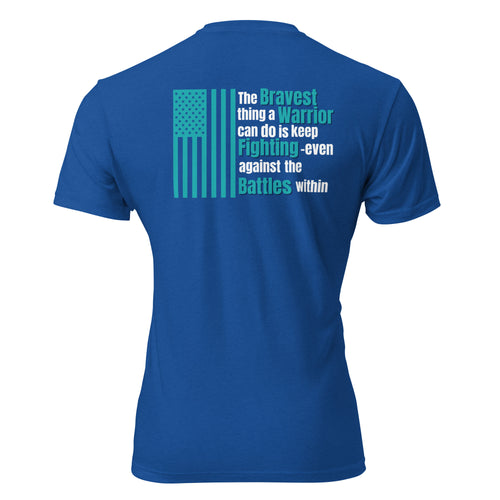  unisex CVC tee back graphic with American flag and text "The Bravest thing a Warrior can do is keep Fighting — even against the Battles within" — Tactical Pause apparel