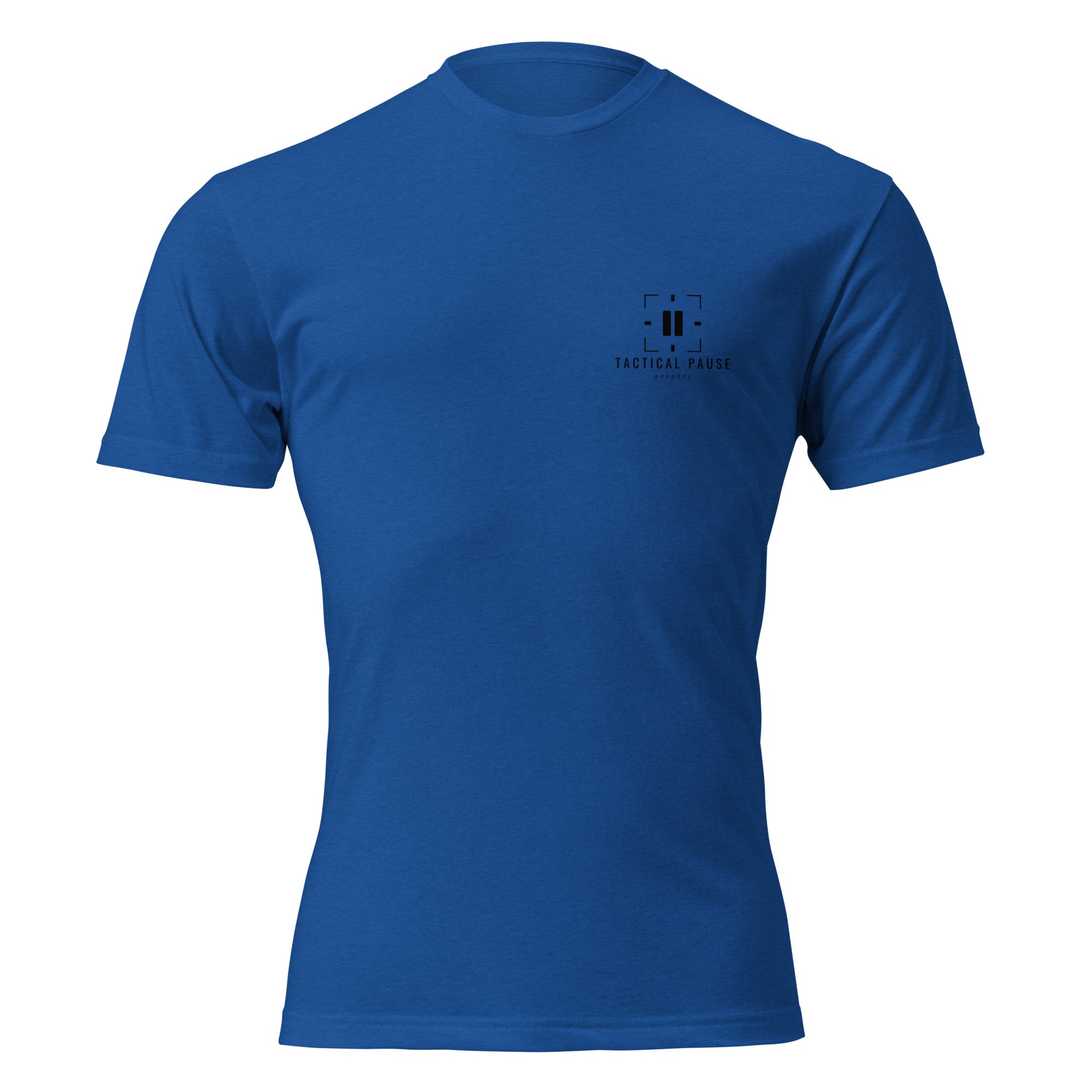 Royal blue shirt with tactical pause apparel logo on the front and periodic elements of the grind on the back dispatcher edition. Tactical Pause Apparel