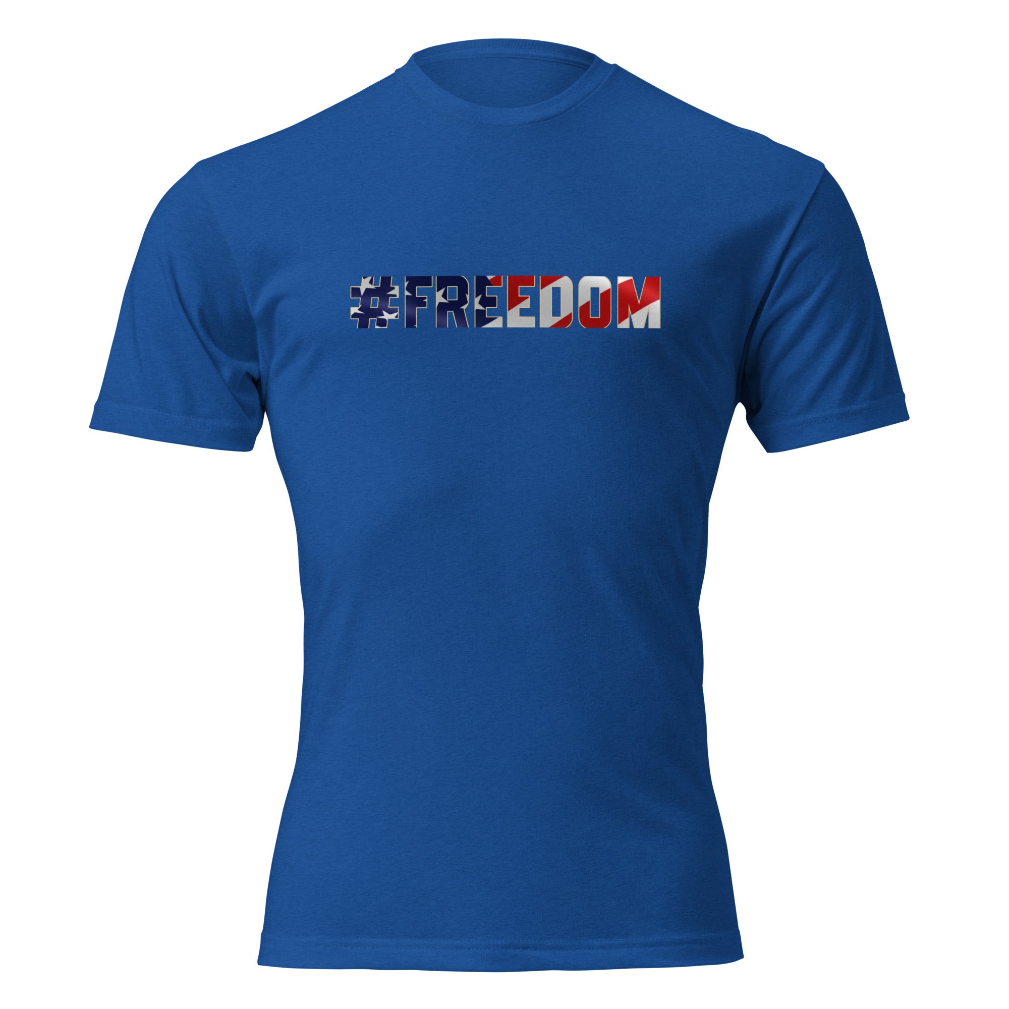 #FREEDOM graphic t-shirt front with American flag lettering on heather gray unisex CVC tee by Tactical Pause