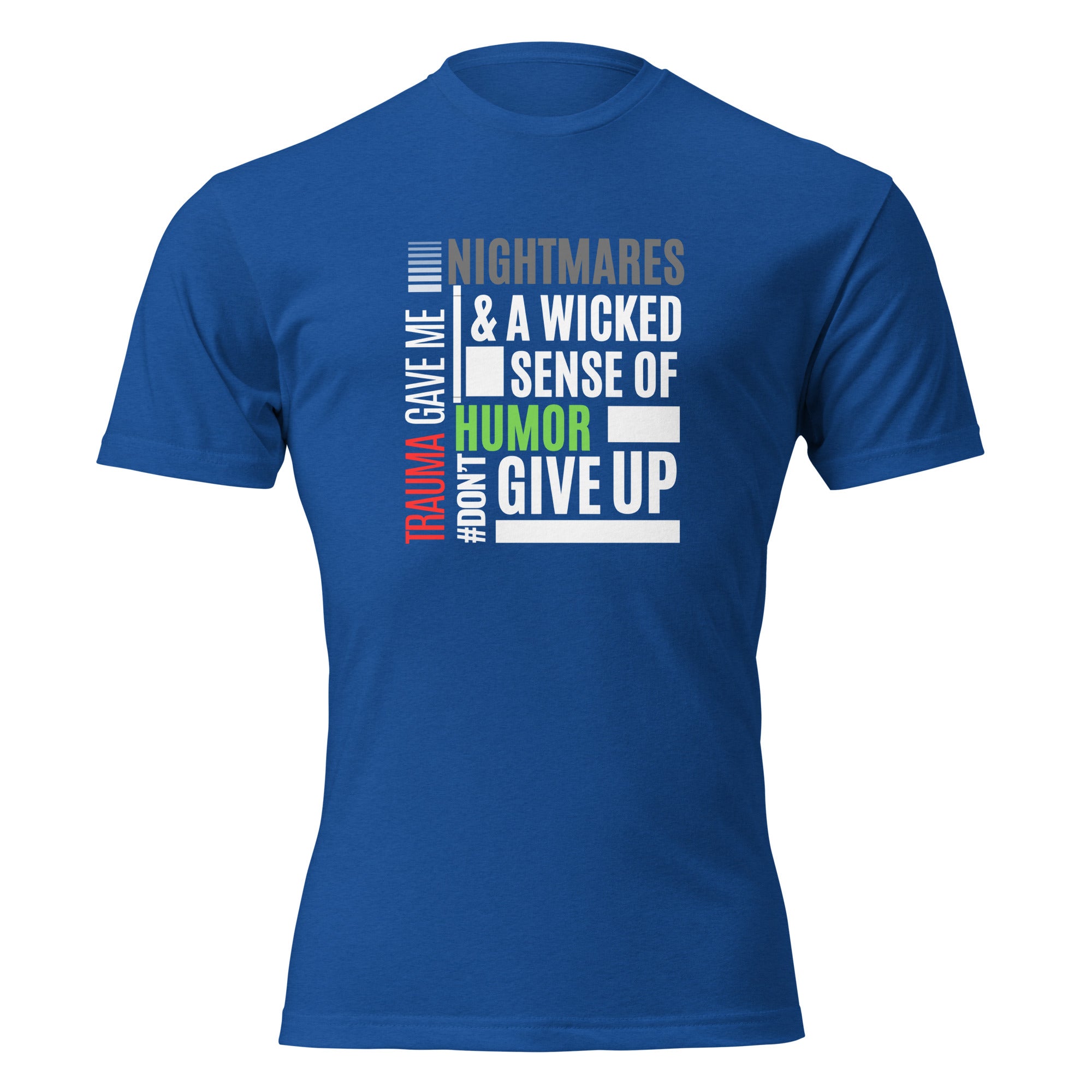 "Trauma Gave Me Nightmares" graphic tee in Royal Blue, front view — Tactical Pause Apparel