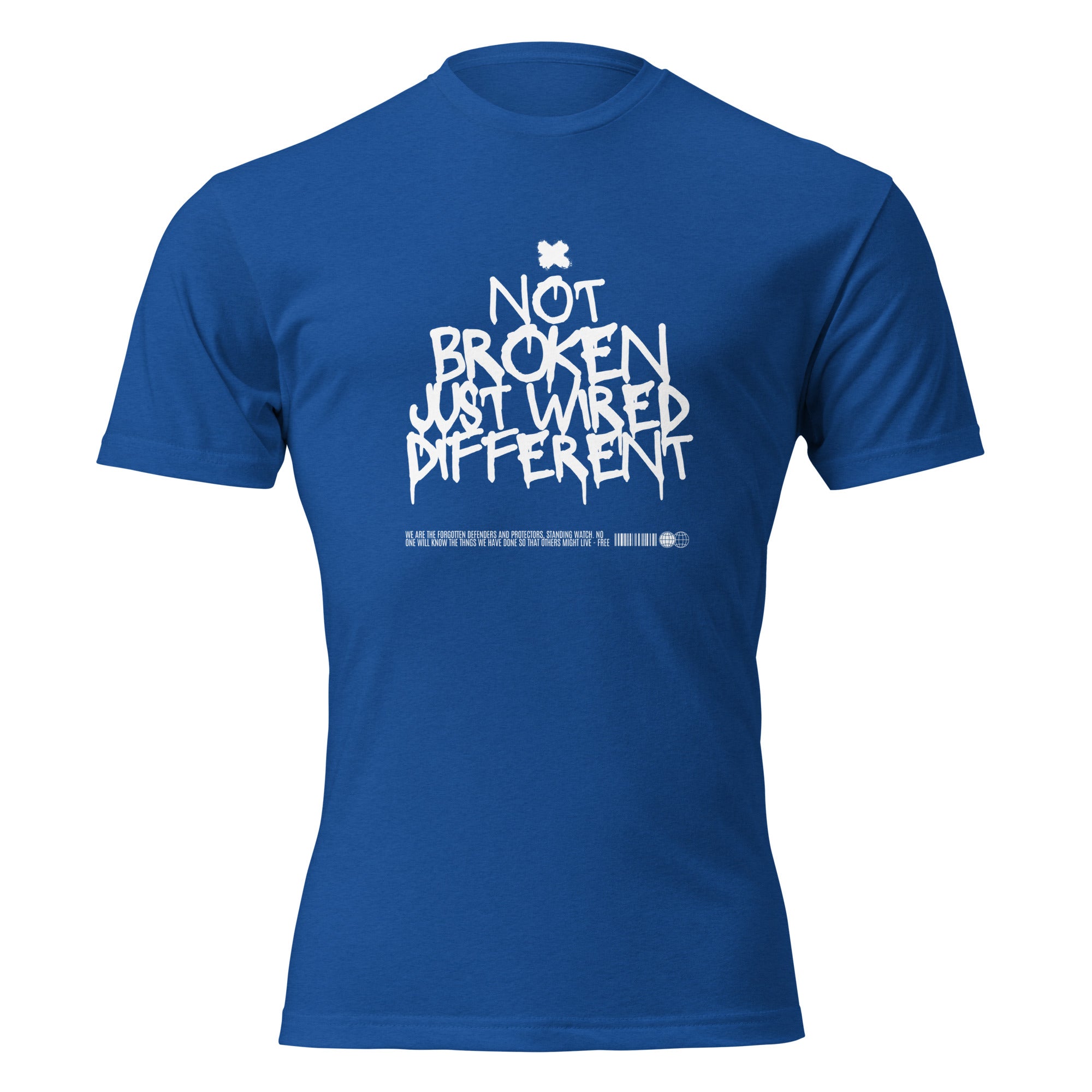 "Not Broken, Just Wired Different" graphic tee in Royal Blue, front view — Tactical Pause Apparel