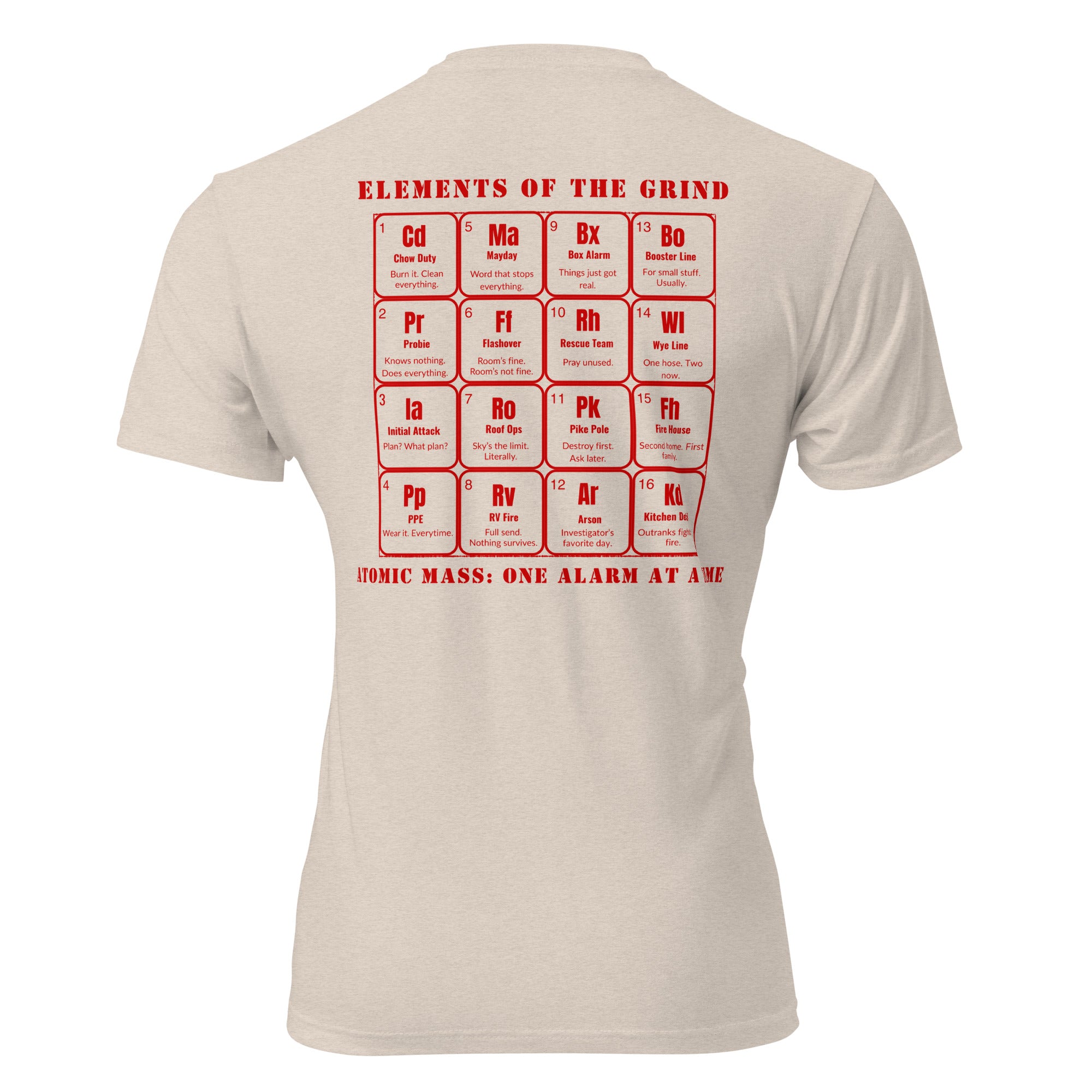 "The Grind | Fire Edition" graphic tee in Sand, back view — Tactical Pause Apparel