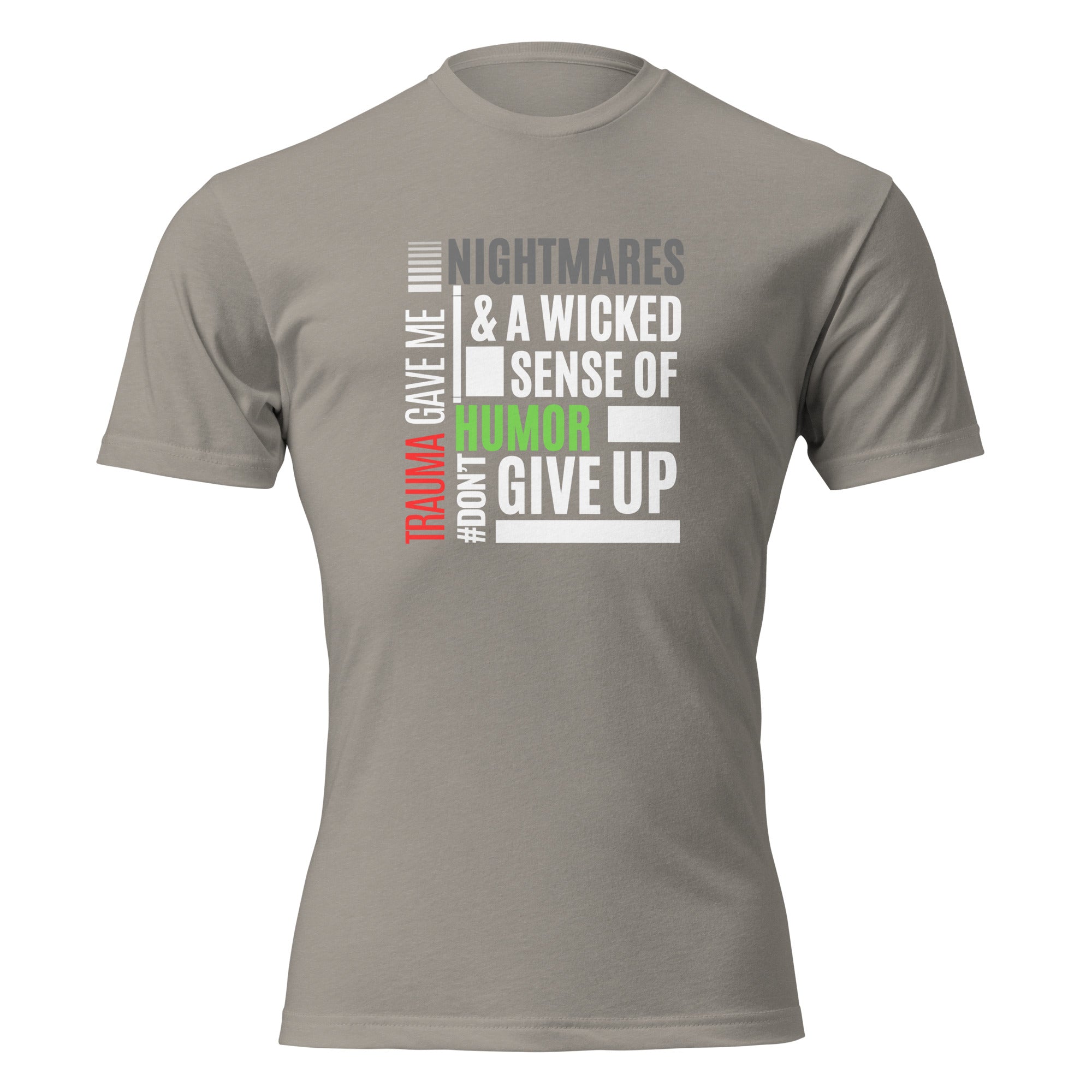 "Trauma Gave Me Nightmares" graphic tee in Stone Grey, front view — Tactical Pause Apparel