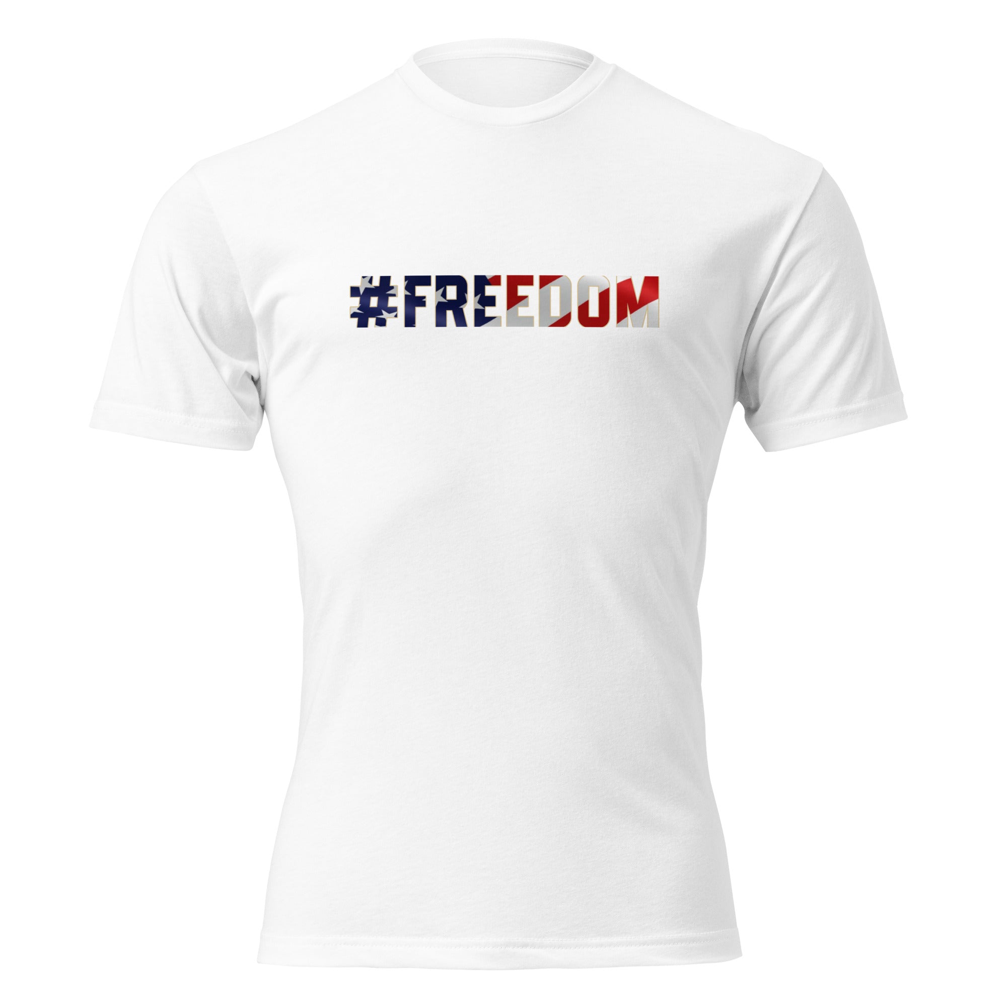 #FREEDOM graphic t-shirt front with American flag lettering on heather gray unisex CVC tee by Tactical Pause